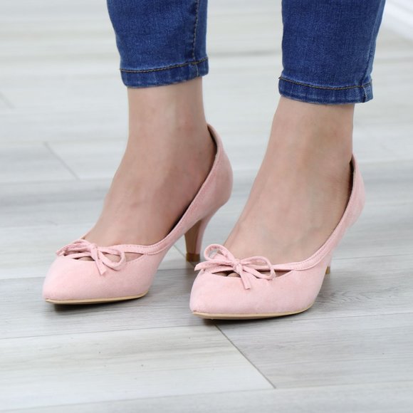 Pink Bow Vintage Style Pointed Toe Faux Suede Kitten Low Heel Shoes - Picture 13 of 13